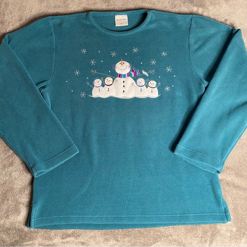 Decorated Originals fleece sweatshirt with embroidered snowmen and snowflakes